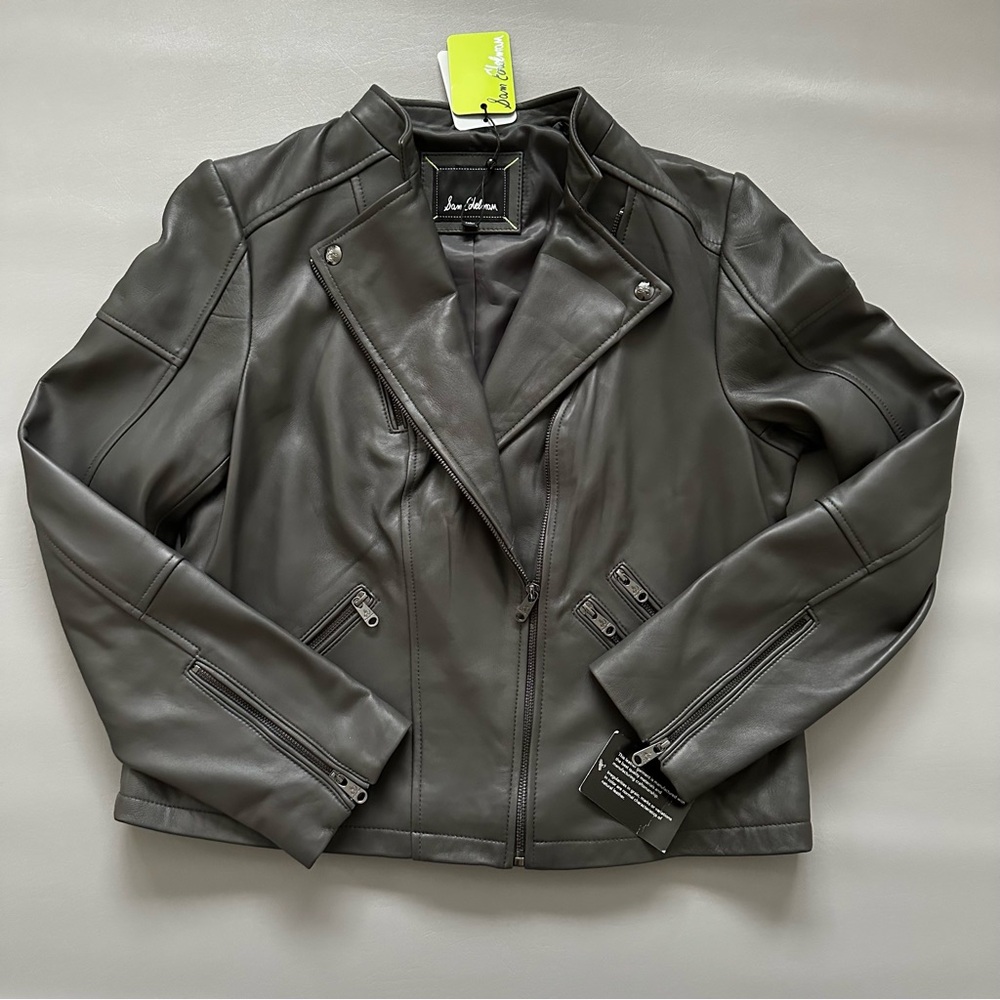 NWT Sam Edelman Lambskin Leather Moto Jacket Black/Grey Size L